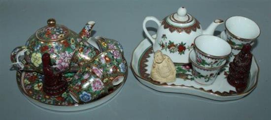 2 Chinese miniature porcelain tea sets & 3 other items